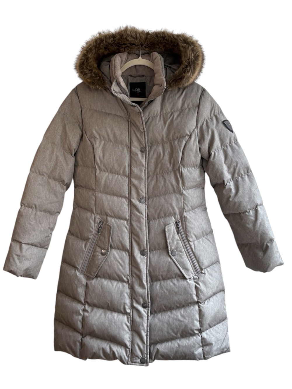 Utex Down Feather Taupe Long Puffer Winter Jacket With Faux Fur Hood Size S